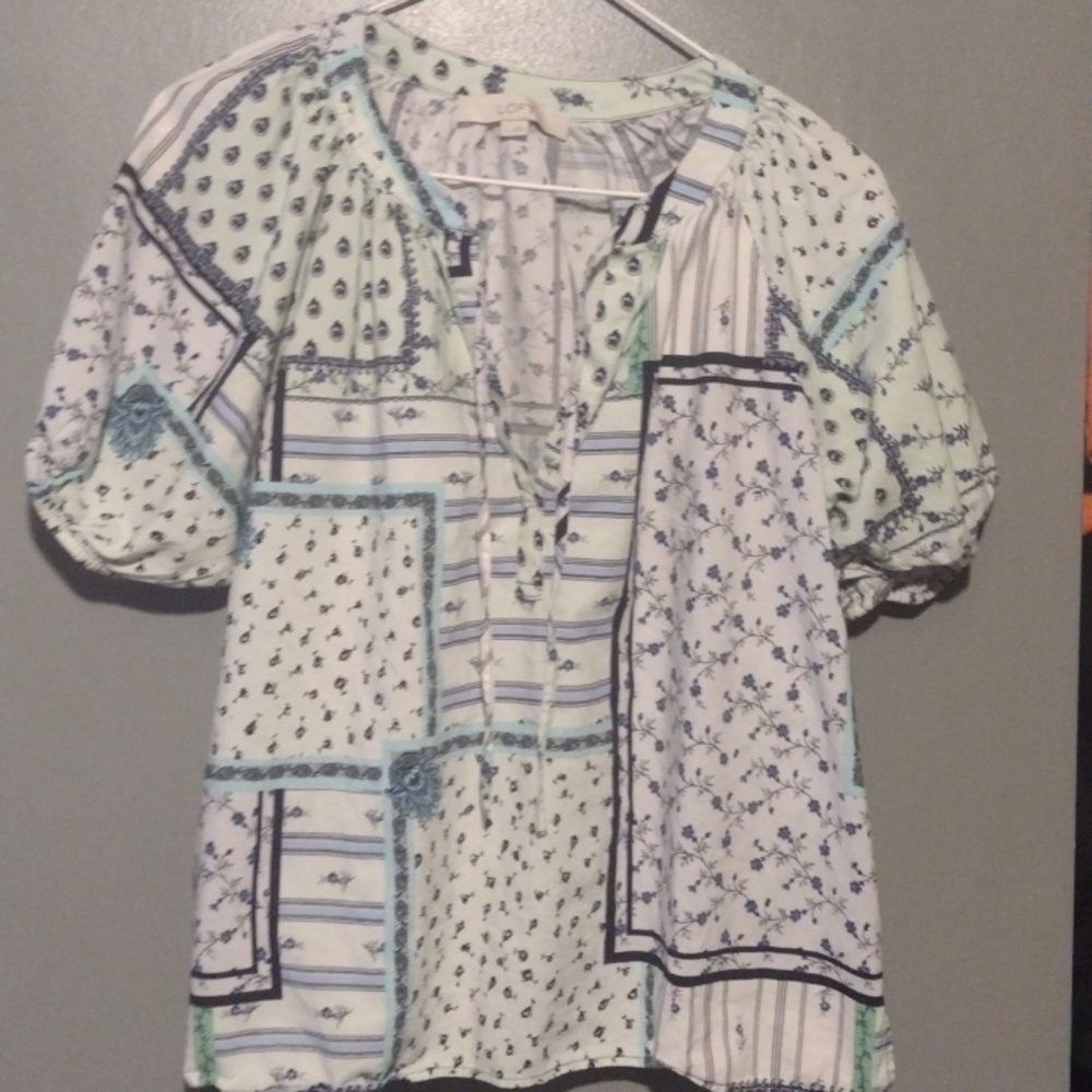 PATCHWORK TIE NECK PUFF SLEEVE TOP  size Small